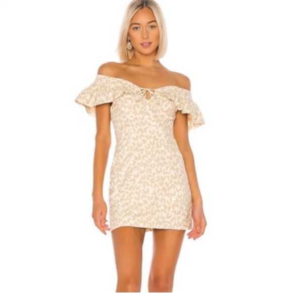 LPA Dresses & Skirts - LPA Linen Beige Cheetah Print Ruffle Off The Shoulder Verona Mini Dress